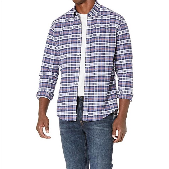 Amazon Essentials Plaid Button Down Shirt Sz Large Slim Fit Long Sleeve Blue Red - Picture 2 of 5